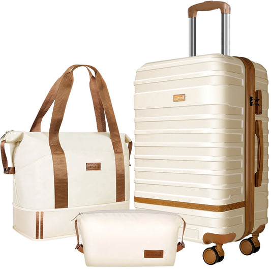 Expandable Suitcase Set Luggage Sets, 20 inch Carry On Luggage with TSA Lock and Double Spinner Wheels,(Ivory White,3 PCS set )