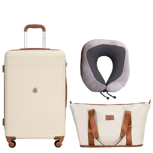 Carry on Luggage Set 3 Piece hardshell TSA Lock Spinner Wheels Suitcase with Travel Bag and Neck Pillow.(White)